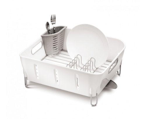 Escurridor de platos con diseño compacto en plástico blanco y gris, Simplehumano, con percolador