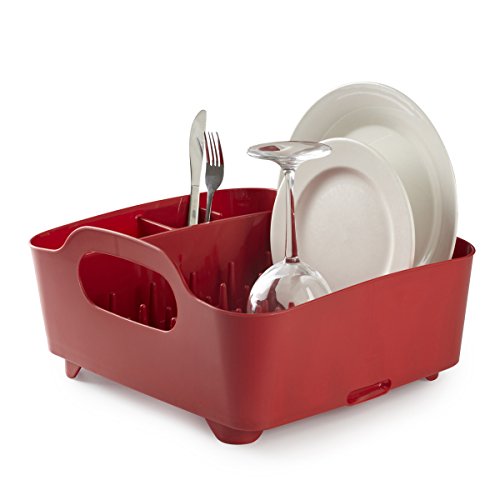 Escurridor de platos Umbra rojo de plástico resistente, con compartimento de cubiertos y sistema de drenaje de agua
