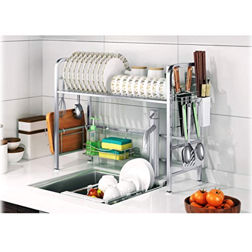 Escurridor multifuncional de acero inoxidable para los utensilios de cocina y la vajilla, idealmente colocado sobre el fregadero.