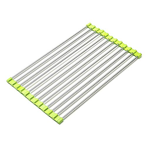 Rejilla plegable de acero inoxidable y silicona para el fregadero de la cocina, ideal como bandeja de goteo de frutas o verduras.